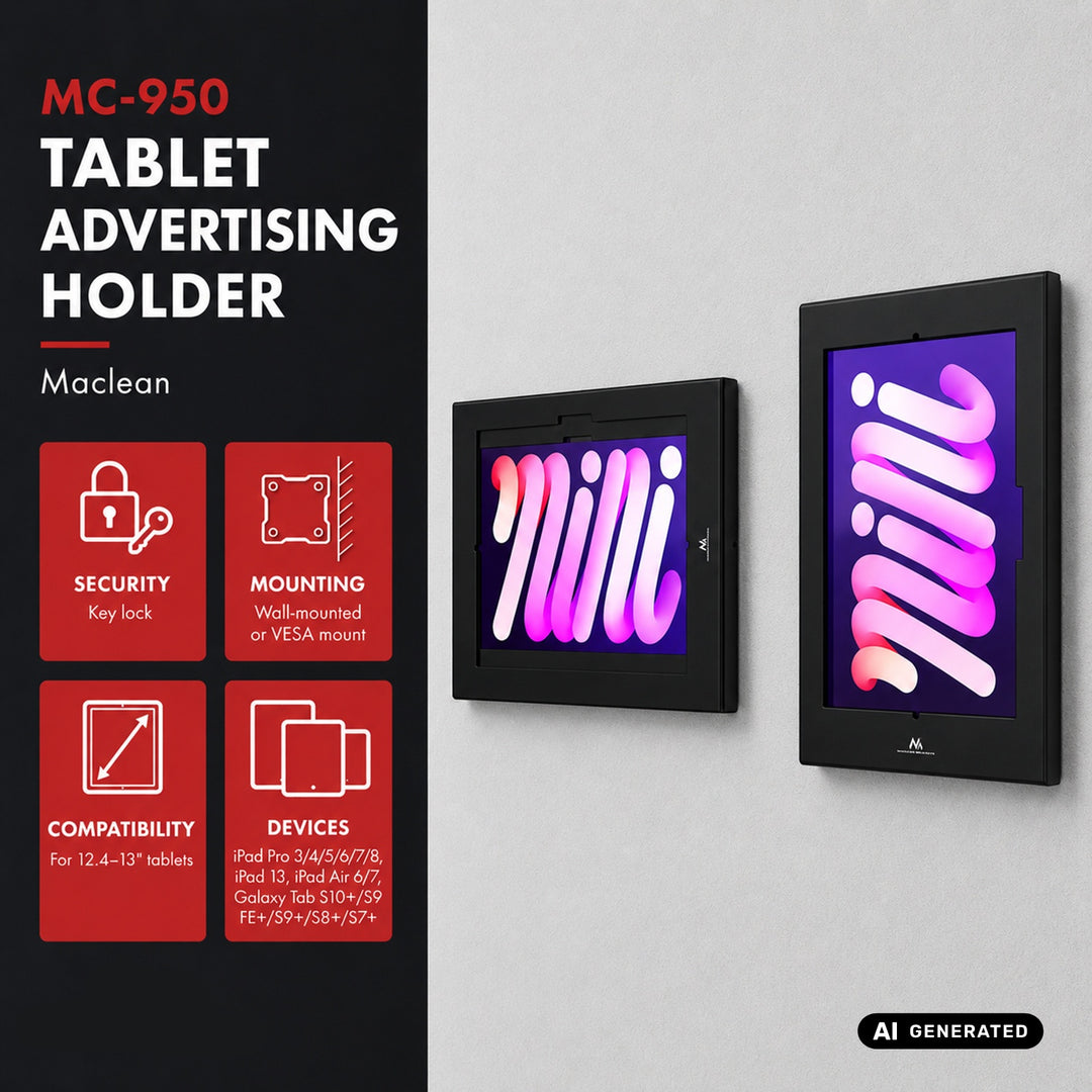 Support publicitaire pour tablette Maclean, avec système de verrouillage, 12,4" à 13", iPad Air/Pro, Samsung Tab S10+/S9+/S8+/S7+, 257 x 350 x 22 mm, MC-950 B