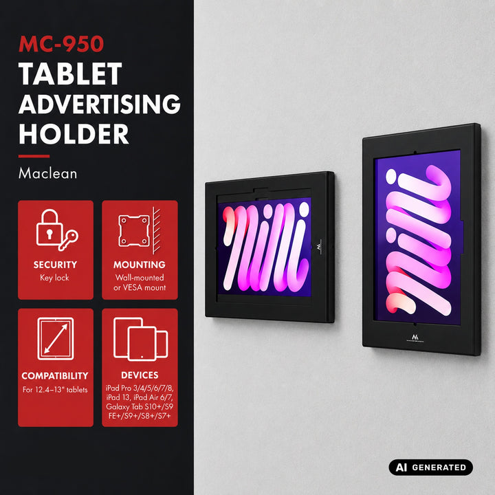 Support publicitaire pour tablette Maclean, avec système de verrouillage, 12,4" à 13", iPad Air/Pro, Samsung Tab S10+/S9+/S8+/S7+, 257 x 350 x 22 mm, MC-950 B