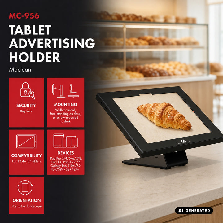 Support publicitaire pour tablette Maclean, avec système de verrouillage, 12,4" à 13", iPad Air/Pro, Samsung Tab S10+/S9+/S8+/S7+, 257 x 350 x 22 mm, MC-956 B