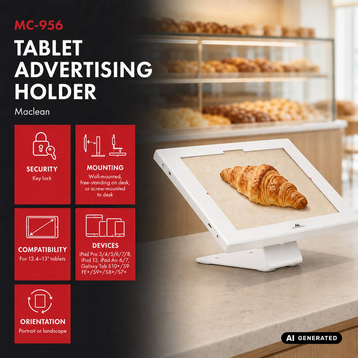Support publicitaire pour tablette Maclean, avec système de verrouillage, 12,4"-13", iPad Air/Pro, Samsung Tab S10+/S9+/S8+/S7+, 257 x 350 x 22 mm, MC-956 W