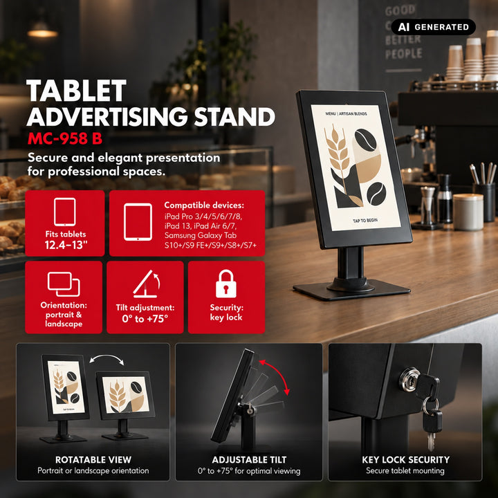 Support publicitaire pour tablette Maclean, avec système de verrouillage. 12,4" à 13", iPad Air/Pro, Samsung Tab S10+/S9+/S8+/S7+, 257 x 350 x 22 mm, MC-958 B