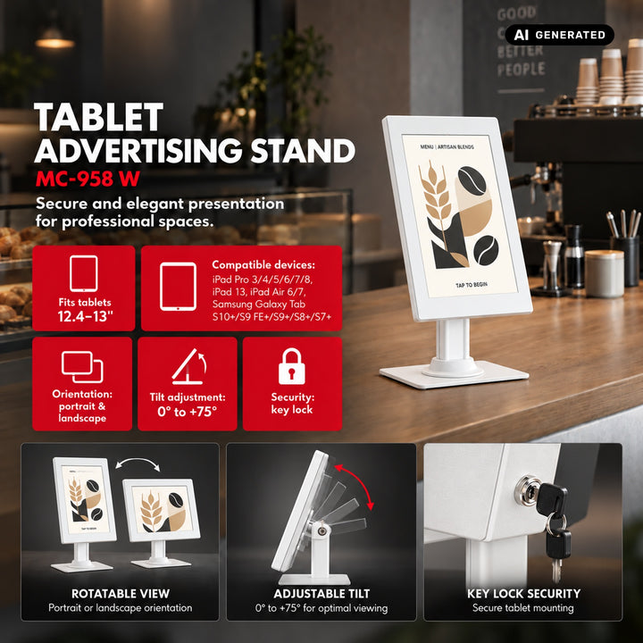 Support publicitaire pour tablette Maclean, avec système de verrouillage, 12,4" à 13", iPad Air/Pro, Samsung Tab S10+/S9+/S8+/S7+, 257 x 350 x 22 mm, MC-958 W