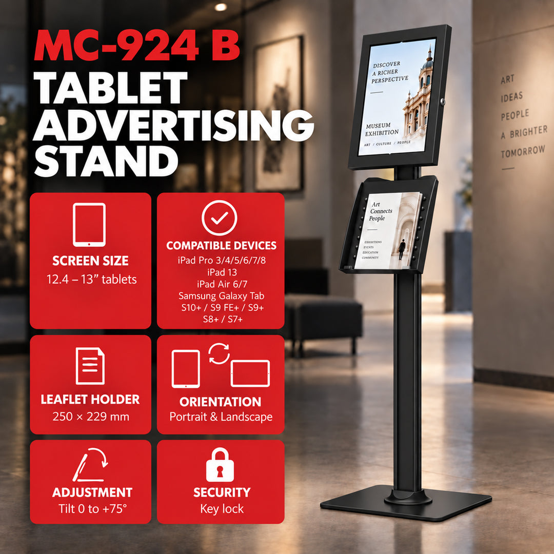 Support publicitaire pour tablette Maclean, avec système de verrouillage. 12,4" à 13", iPad Air/Pro, Samsung Tab S10+/S9+/S8+/S7+, 257 x 350 x 22 mm, MC-924 B