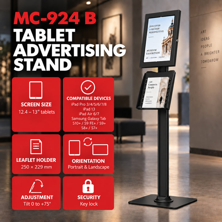 Support publicitaire pour tablette Maclean, avec système de verrouillage. 12,4" à 13", iPad Air/Pro, Samsung Tab S10+/S9+/S8+/S7+, 257 x 350 x 22 mm, MC-924 B