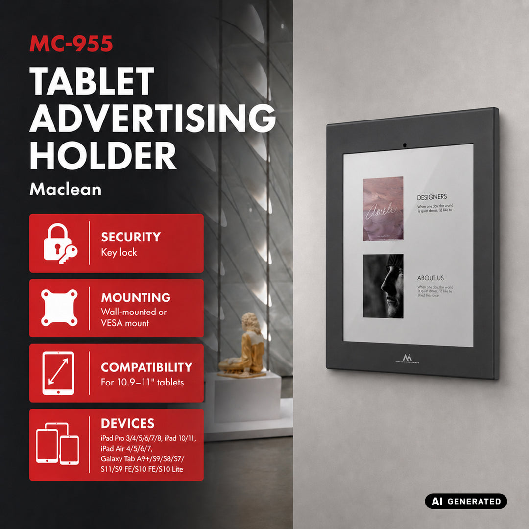 Support publicitaire pour tablette Maclean, avec système de verrouillage, 10,9" à 11", compatible iPad Air/Pro et Samsung Tab séries A et S, 220 x 323 x 22 mm, MC-955 B