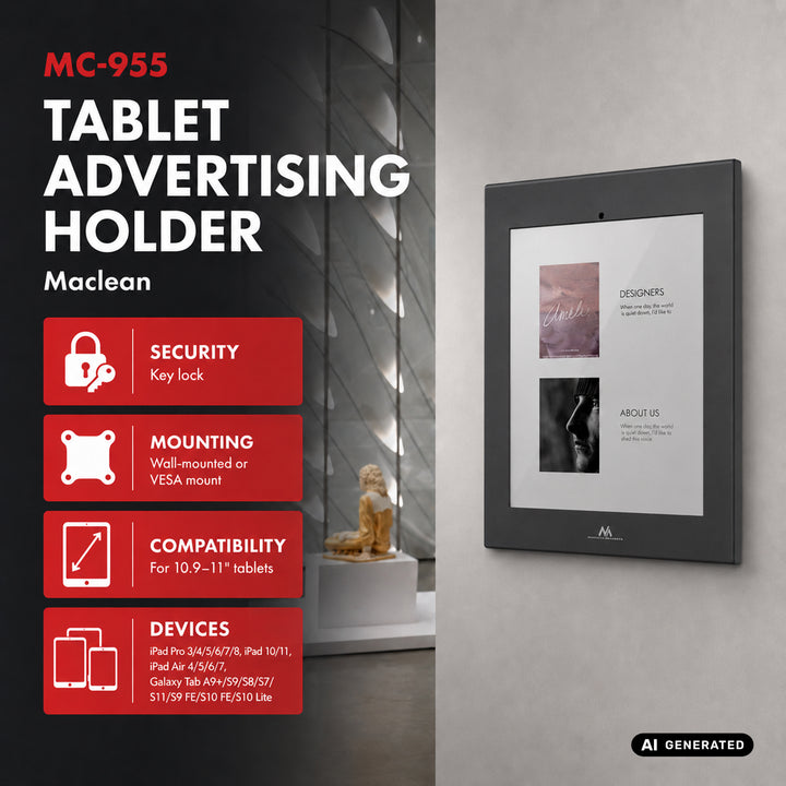 Support publicitaire pour tablette Maclean, avec système de verrouillage, 10,9" à 11", compatible iPad Air/Pro et Samsung Tab séries A et S, 220 x 323 x 22 mm, MC-955 B