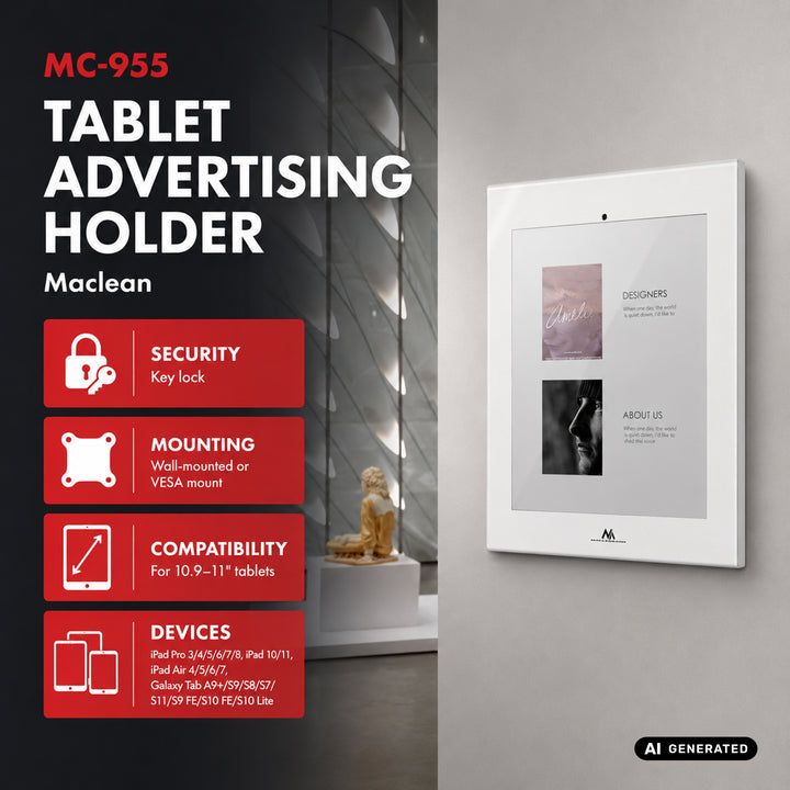 Support publicitaire pour tablette Maclean, avec système de verrouillage, 10,9"-11", iPad Air/Pro, Samsung Tab séries A et S, 220 x 323 x 22 mm, MC-955 W