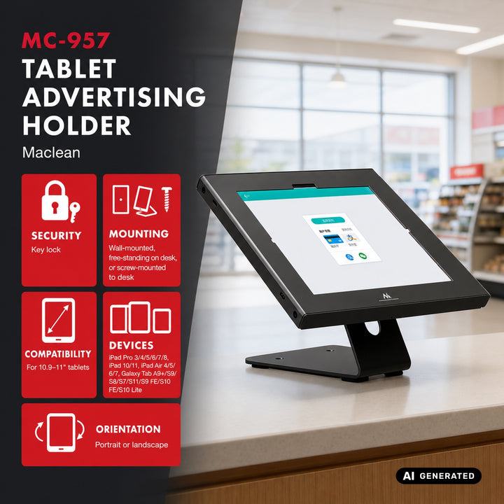 Support publicitaire pour tablette Maclean, avec système de verrouillage, 10,9"-11", iPad Air/Pro, Samsung Tab séries A et S, 220 x 323 x 22 mm, MC-957 B