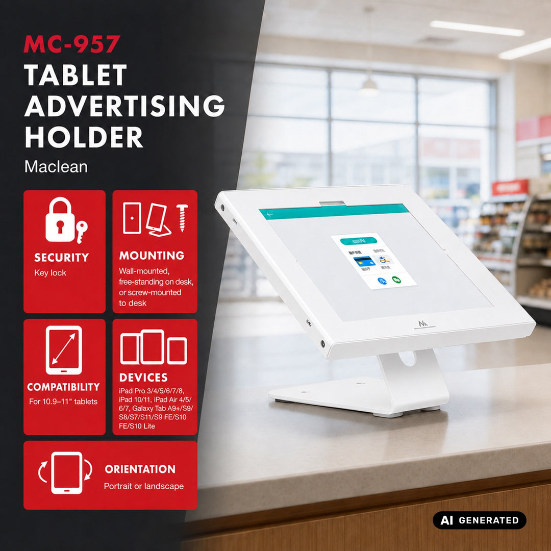 Support publicitaire pour tablette Maclean, avec système de verrouillage, 10,9" à 11", iPad Air/Pro, Samsung Tab séries A et S, 220 x 323 x 22 mm, MC-957 W