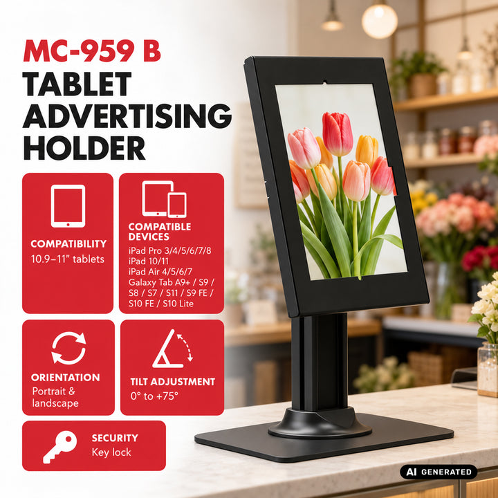 Support publicitaire pour tablette Maclean, avec système de verrouillage, 10,9" à 11", iPad Air/Pro, Samsung Tab séries A et S, 220 x 323 x 22 mm, MC-959 B