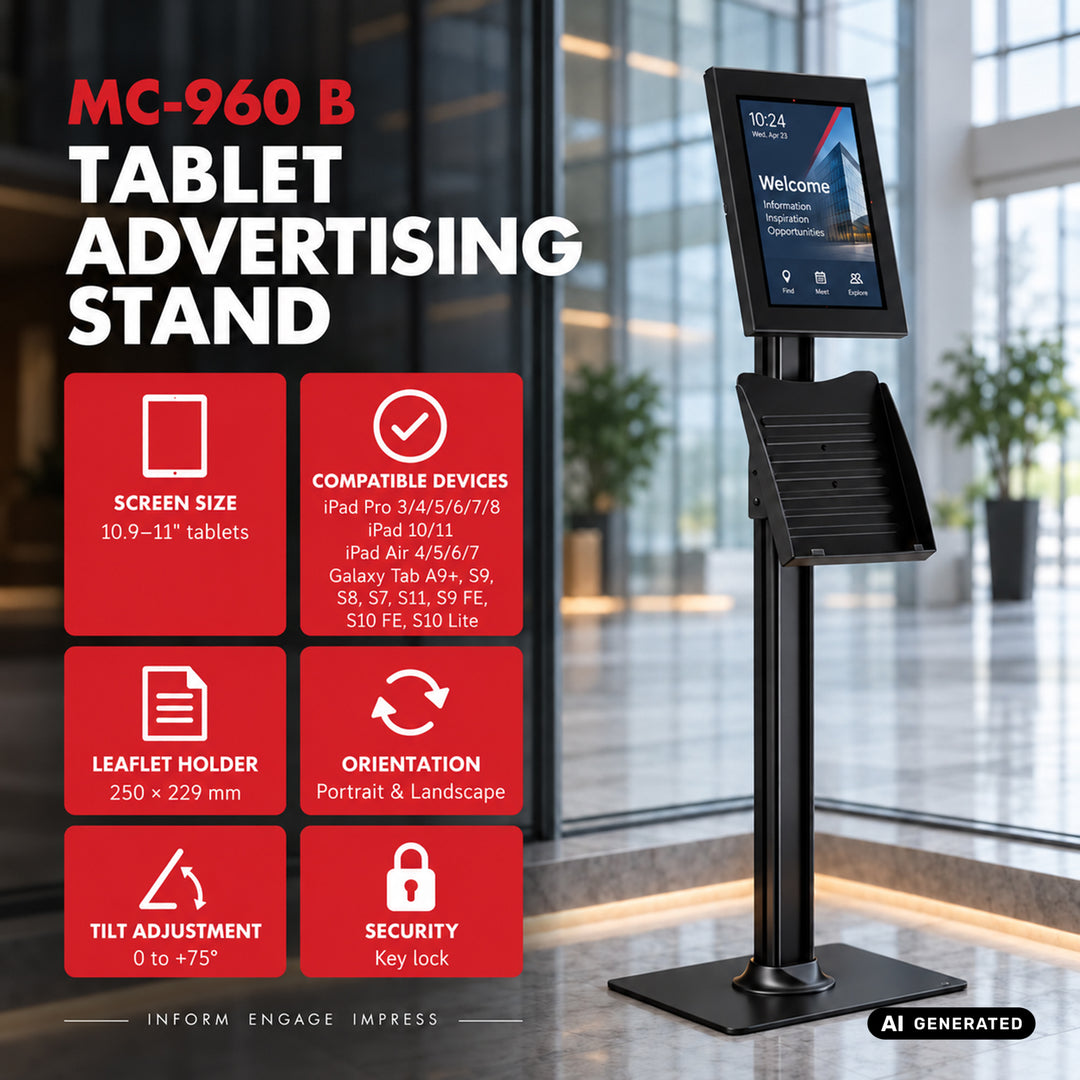 Support publicitaire pour tablette Maclean, avec système de verrouillage, 10,9"-11", iPad Air/Pro, Samsung Tab séries A et S, 220 x 323 x 22 mm, MC-960 B