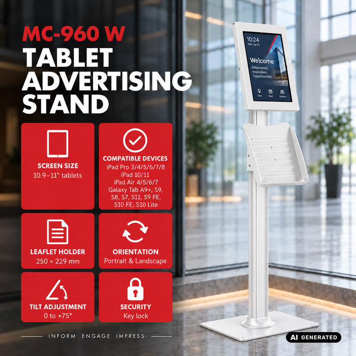 Support publicitaire pour tablette Maclean, avec système de verrouillage, 10,9" à 11", iPad Air/Pro, Samsung Tab séries A et S, 220 x 323 x 22 mm, MC-960 W