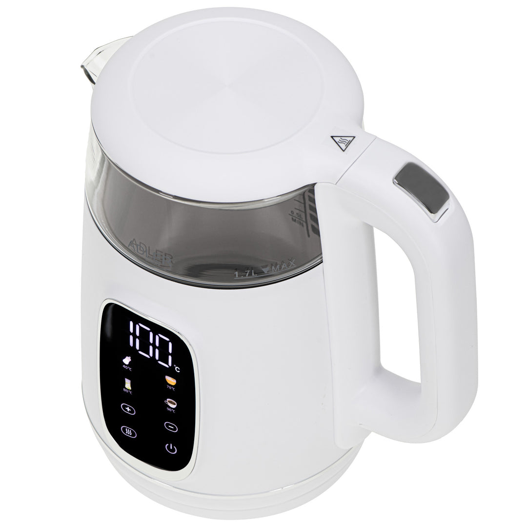 Bouilloire électrique en verre avec réglage de la température 1,7 L, LED, 40-100 °C, Adler AD 1305 WS blanc