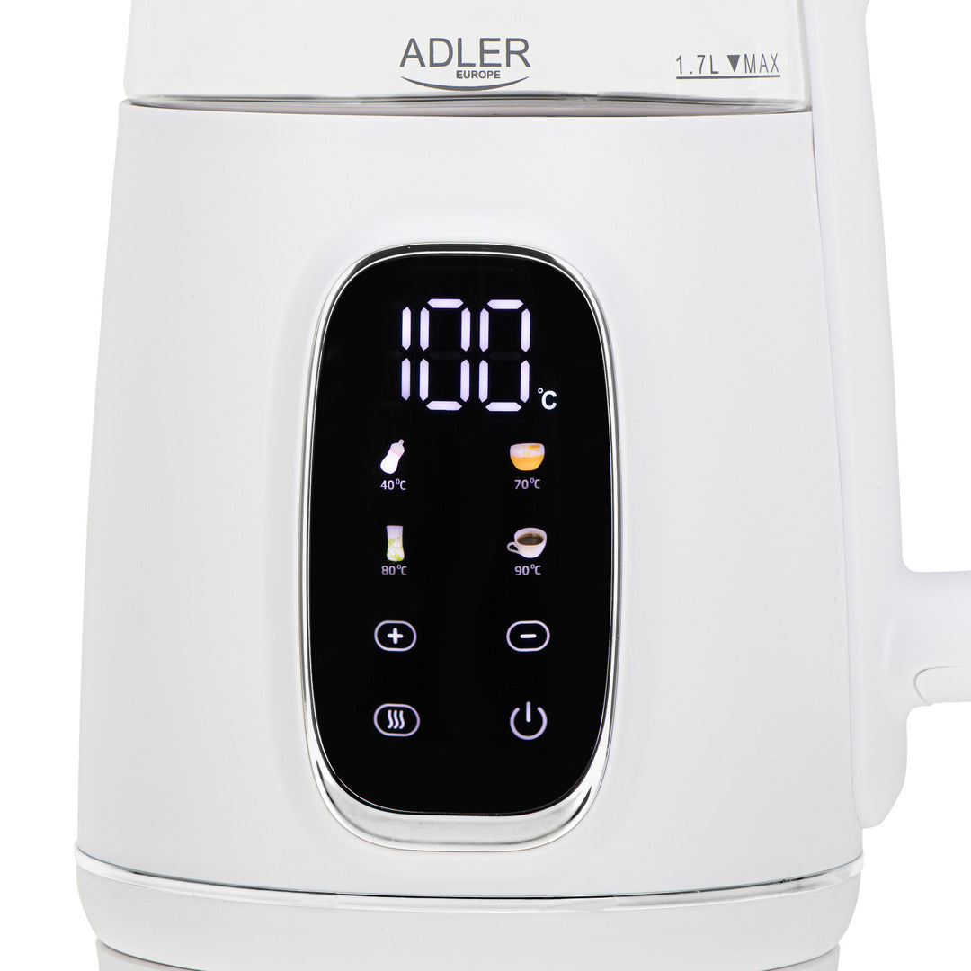 Bouilloire électrique en verre avec réglage de la température 1,7 L, LED, 40-100 °C, Adler AD 1305 WS blanc