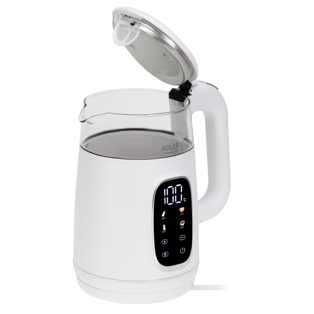 Bouilloire électrique en verre avec réglage de la température 1,7 L, LED, 40-100 °C, Adler AD 1305 WS blanc