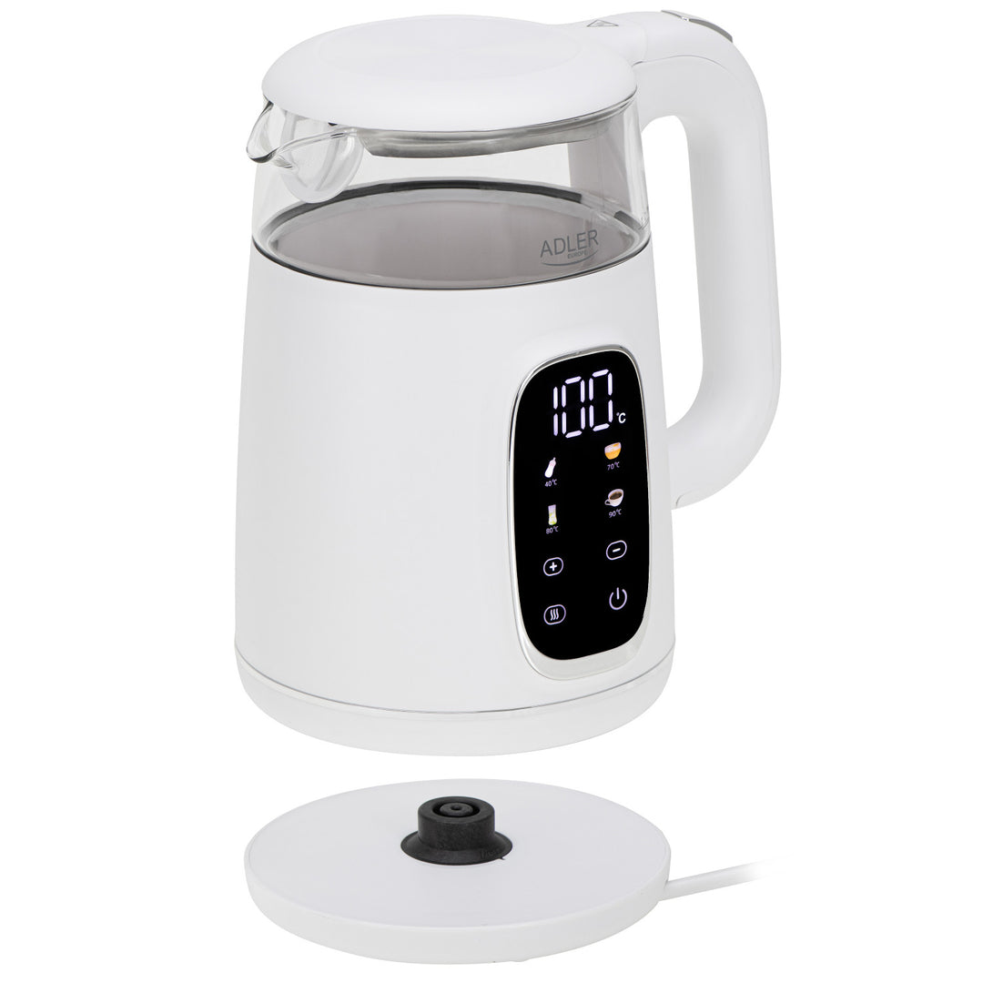 Bouilloire électrique en verre avec réglage de la température 1,7 L, LED, 40-100 °C, Adler AD 1305 WS blanc