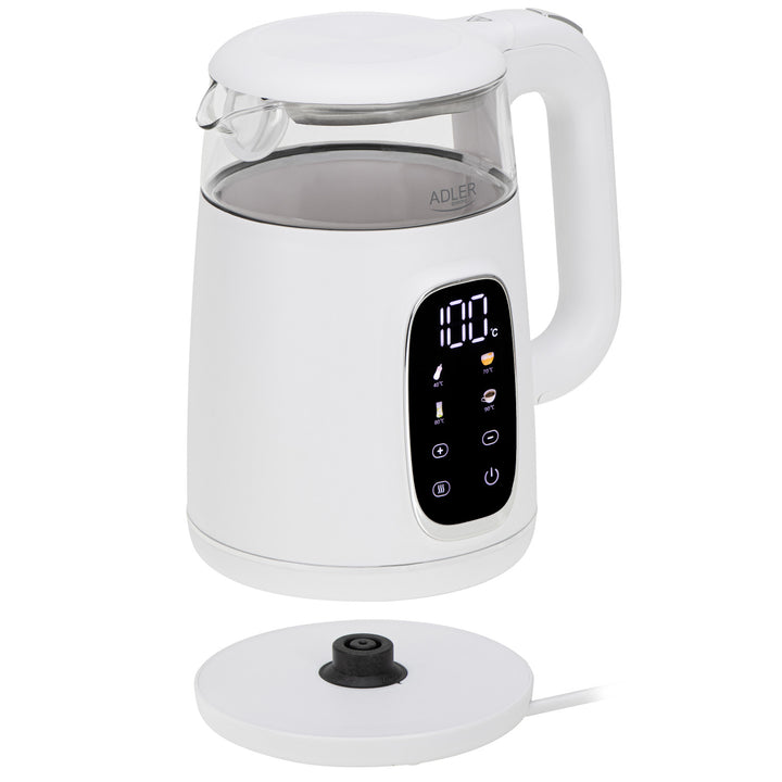 Bouilloire électrique en verre avec réglage de la température 1,7 L, LED, 40-100 °C, Adler AD 1305 WS blanc