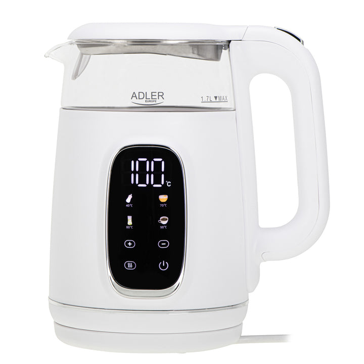 Bouilloire électrique en verre avec réglage de la température 1,7 L, LED, 40-100 °C, Adler AD 1305 WS blanc