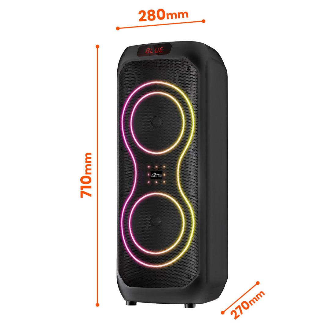 Grand haut-parleur Bluetooth, 120 W RMS/1400 W PMPO, deux haut-parleurs 8", égaliseur, fonction karaoké, MP3/cartes microSD, USB, AUX, BT 5.3+EDR, écran, LED, batterie intégrée, télécommande, MT3185