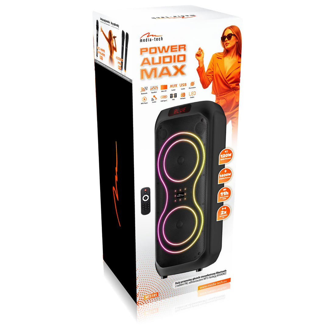Grand haut-parleur Bluetooth, 120 W RMS/1400 W PMPO, deux haut-parleurs 8", égaliseur, fonction karaoké, MP3/cartes microSD, USB, AUX, BT 5.3+EDR, écran, LED, batterie intégrée, télécommande, MT3185