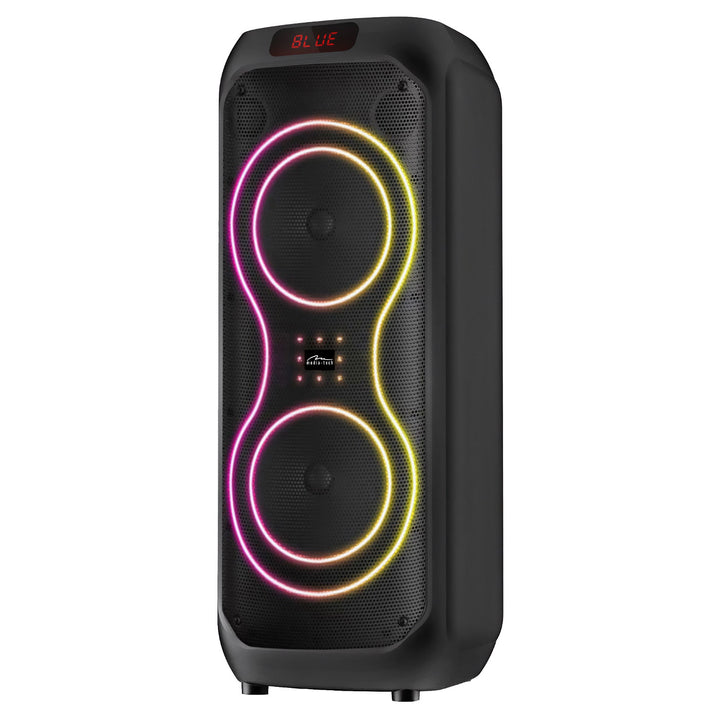 Grand haut-parleur Bluetooth, 120 W RMS/1400 W PMPO, deux haut-parleurs 8", égaliseur, fonction karaoké, MP3/cartes microSD, USB, AUX, BT 5.3+EDR, écran, LED, batterie intégrée, télécommande, MT3185