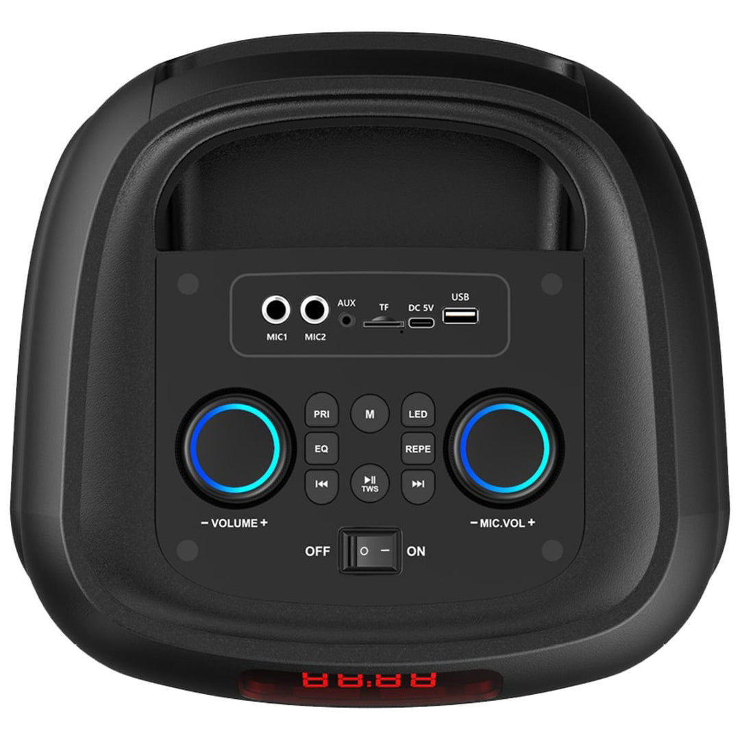 Grand haut-parleur Bluetooth, 120 W RMS/1400 W PMPO, deux haut-parleurs 8", égaliseur, fonction karaoké, MP3/cartes microSD, USB, AUX, BT 5.3+EDR, écran, LED, batterie intégrée, télécommande, MT3185