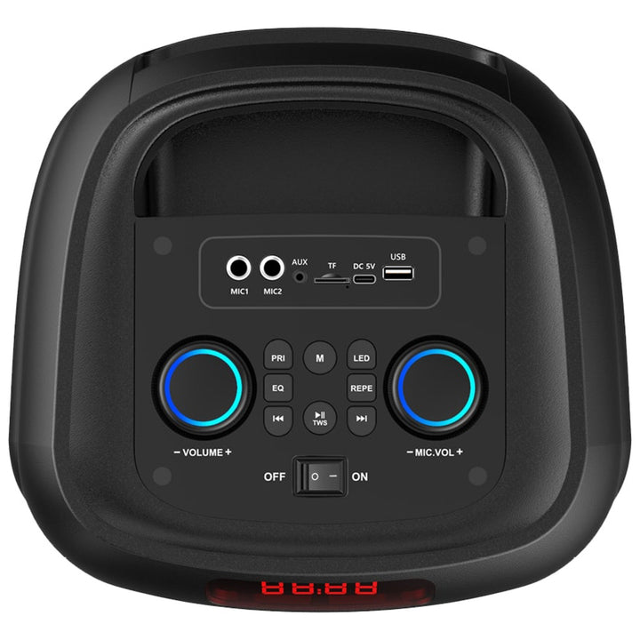 Grand haut-parleur Bluetooth, 120 W RMS/1400 W PMPO, deux haut-parleurs 8", égaliseur, fonction karaoké, MP3/cartes microSD, USB, AUX, BT 5.3+EDR, écran, LED, batterie intégrée, télécommande, MT3185