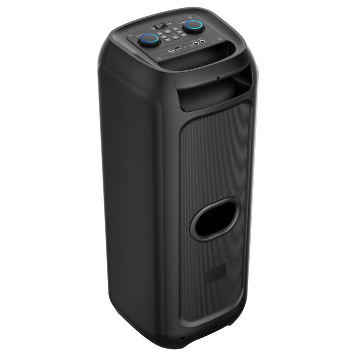 Grand haut-parleur Bluetooth, 120 W RMS/1400 W PMPO, deux haut-parleurs 8", égaliseur, fonction karaoké, MP3/cartes microSD, USB, AUX, BT 5.3+EDR, écran, LED, batterie intégrée, télécommande, MT3185