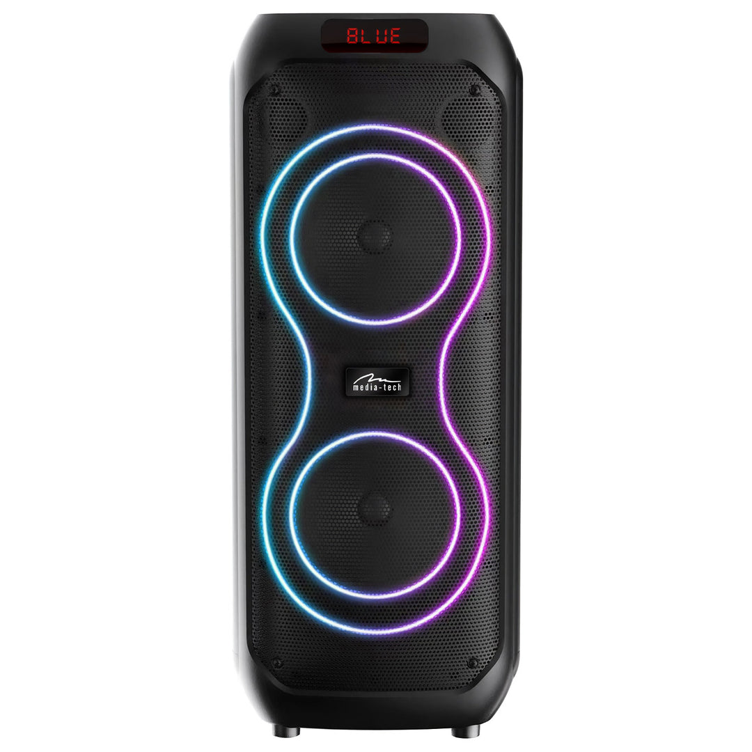 Grand haut-parleur Bluetooth, 120 W RMS/1400 W PMPO, deux haut-parleurs 8", égaliseur, fonction karaoké, MP3/cartes microSD, USB, AUX, BT 5.3+EDR, écran, LED, batterie intégrée, télécommande, MT3185