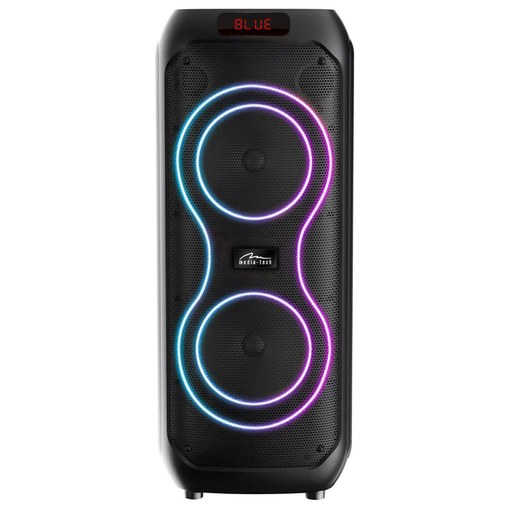 Grand haut-parleur Bluetooth, 120 W RMS/1400 W PMPO, deux haut-parleurs 8", égaliseur, fonction karaoké, MP3/cartes microSD, USB, AUX, BT 5.3+EDR, écran, LED, batterie intégrée, télécommande, MT3185