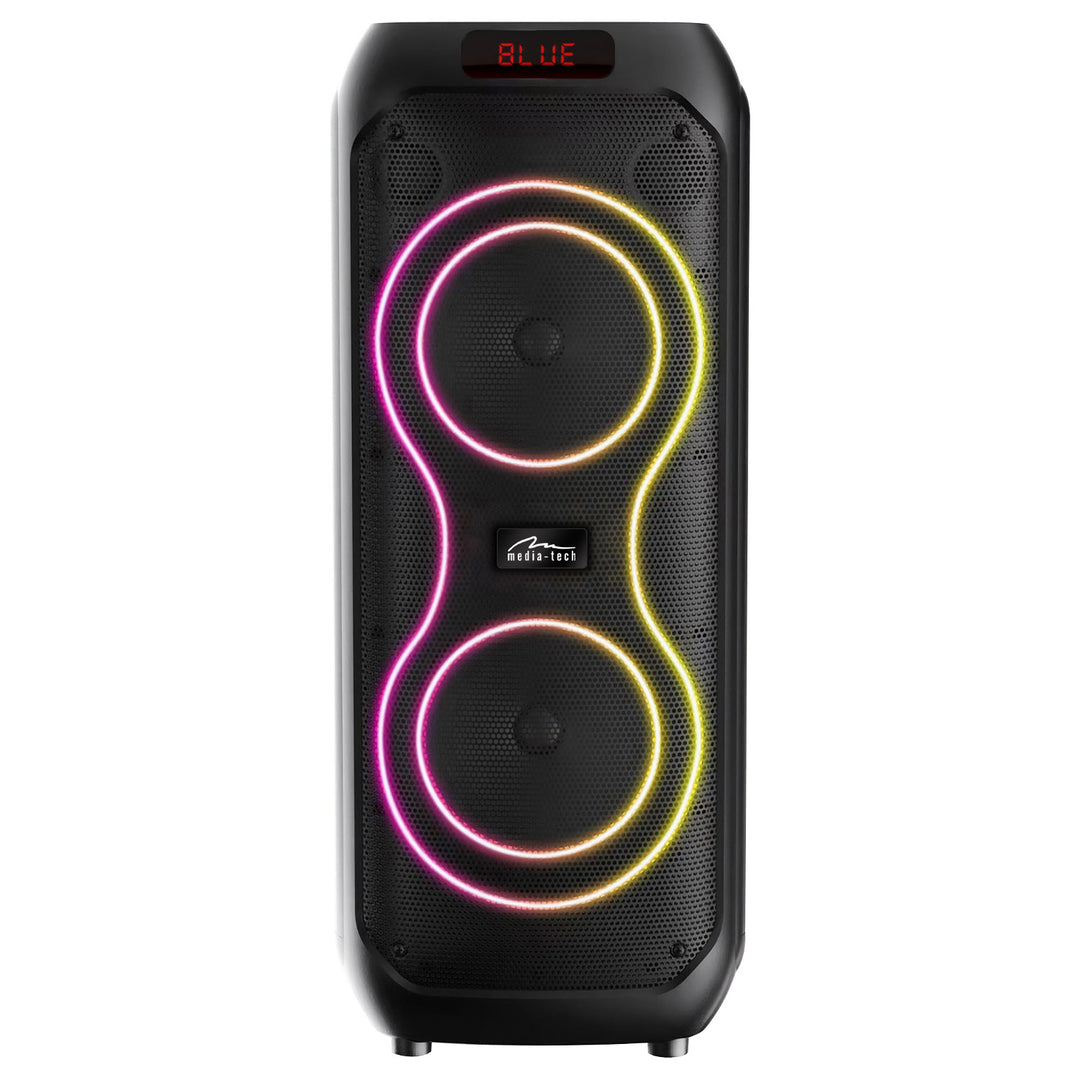 Grand haut-parleur Bluetooth, 120 W RMS/1400 W PMPO, deux haut-parleurs 8", égaliseur, fonction karaoké, MP3/cartes microSD, USB, AUX, BT 5.3+EDR, écran, LED, batterie intégrée, télécommande, MT3185