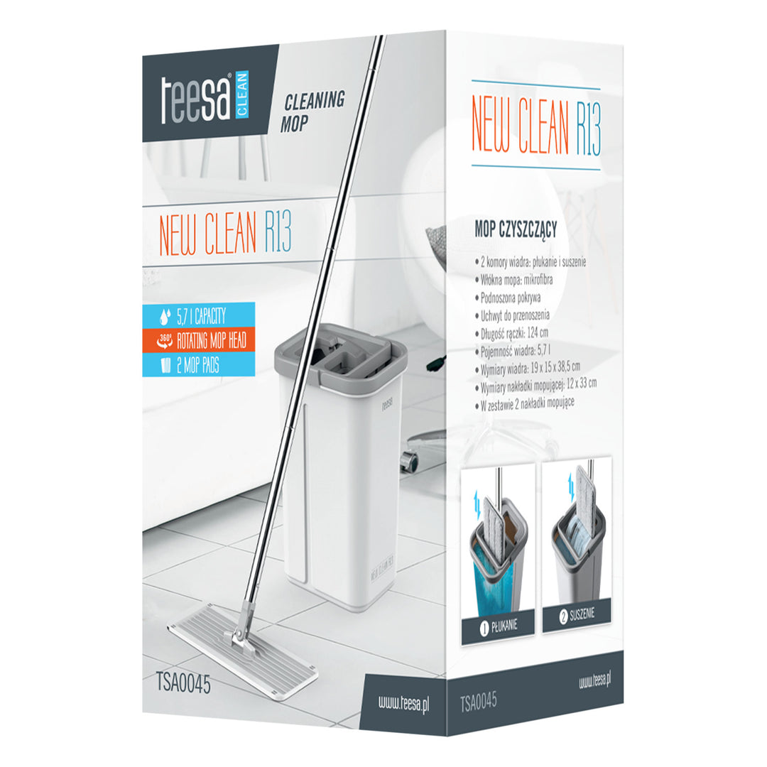 Balai à franges plat Teesa, seau à deux compartiments, capacité 5,7 l, New Clean R13, Teesa