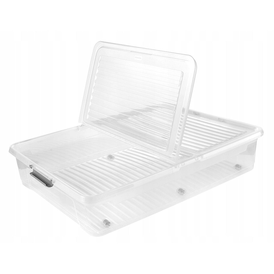 Conteneur avec couvercle Leo Keeeper, capacité 53 L, transparent, équipé de roulettes, couvercle à fermeture par clips