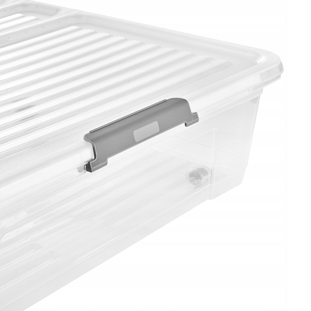 Conteneur avec couvercle Leo Keeeper, capacité 53 L, transparent, équipé de roulettes, couvercle à fermeture par clips