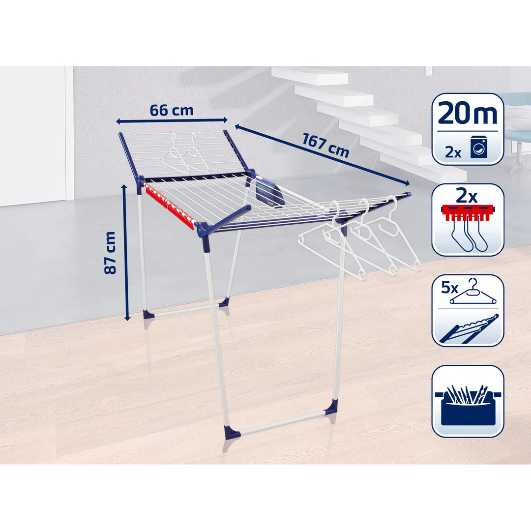 Séchoir Pegasus 200 Solid Comfort Leifheit, longueur des cordes 20 m, pieds antidérapants, résistant aux intempéries, 2 crochets à linge, 81516