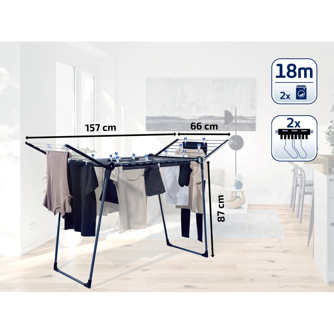 Séchoir Pegasus 180 Solid Black Leifheit, longueur des cordes 18 m, pieds parallèles stables, résistant aux intempéries, 2 crochets à linge, 81589