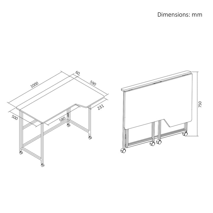 Table de bureau pliante Maclean, noire, mobile, 100 x 65 cm, 50 kg max., en angle, en forme de L, MC-1250 L/B