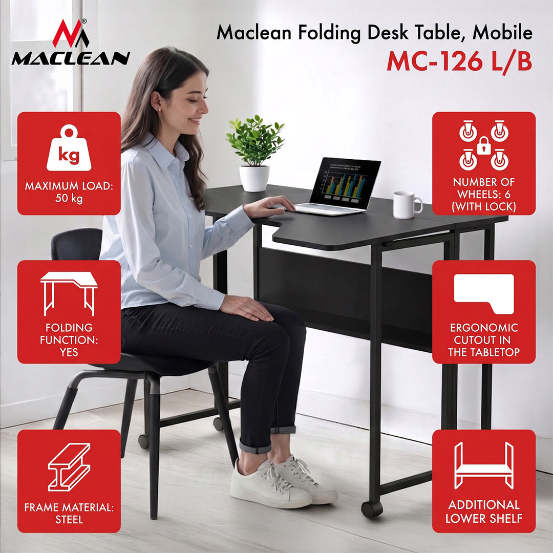 Bureau pliant / table Maclean, noir, mobile, 100 x 73 cm, 50 kg max., en angle, forme en L, MC-126 L/B