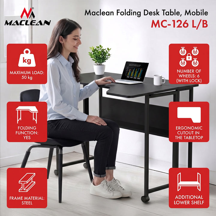 Bureau pliant / table Maclean, noir, mobile, 100 x 73 cm, 50 kg max., en angle, forme en L, MC-126 L/B