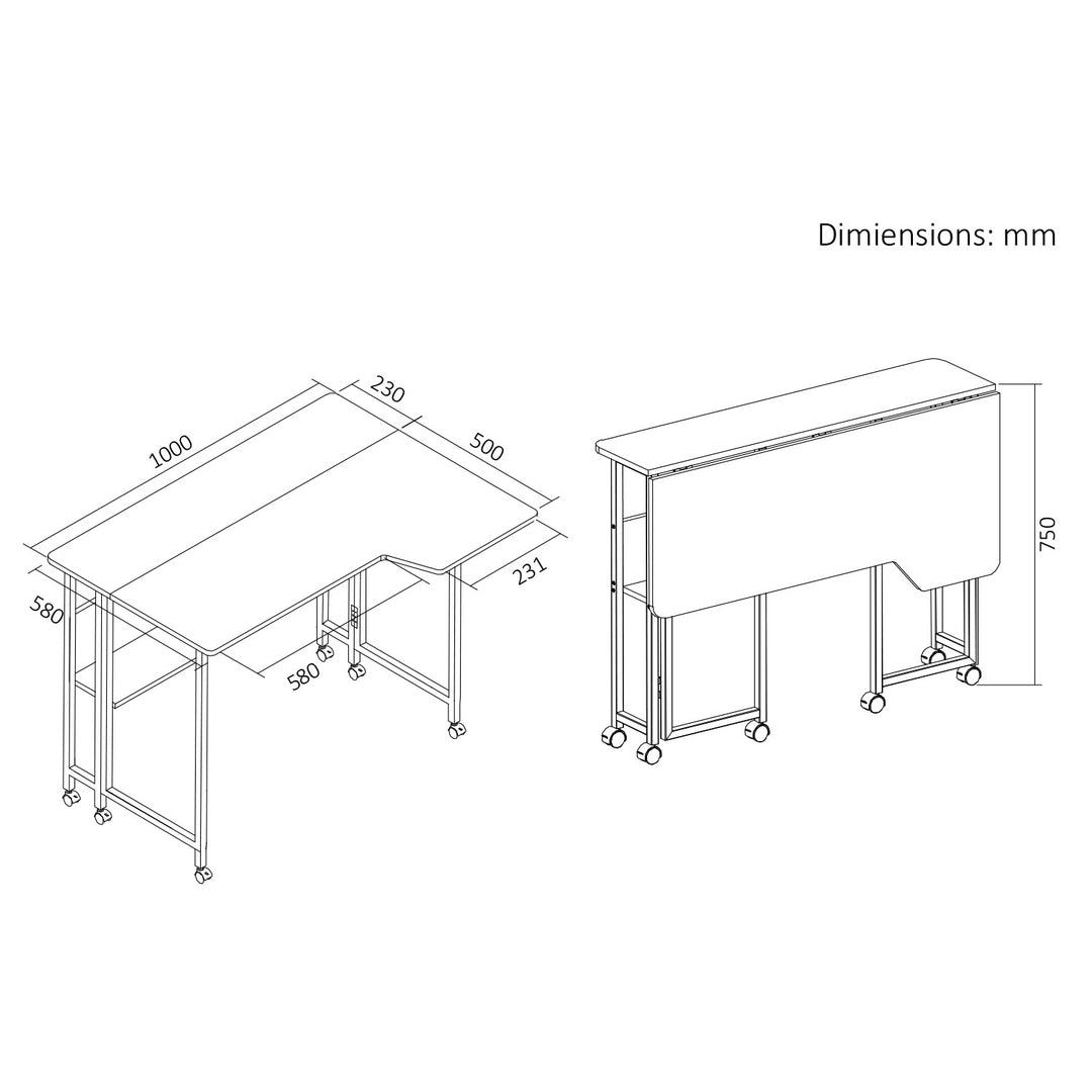 Bureau pliant / table Maclean, blanc, mobile, 100 x 73 cm, charge max. 50 kg, en angle, forme en L, MC-126 L/W