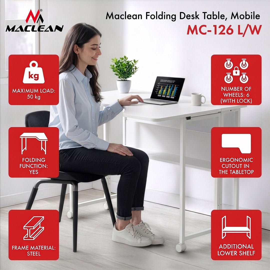 Bureau pliant / table Maclean, blanc, mobile, 100 x 73 cm, charge max. 50 kg, en angle, forme en L, MC-126 L/W