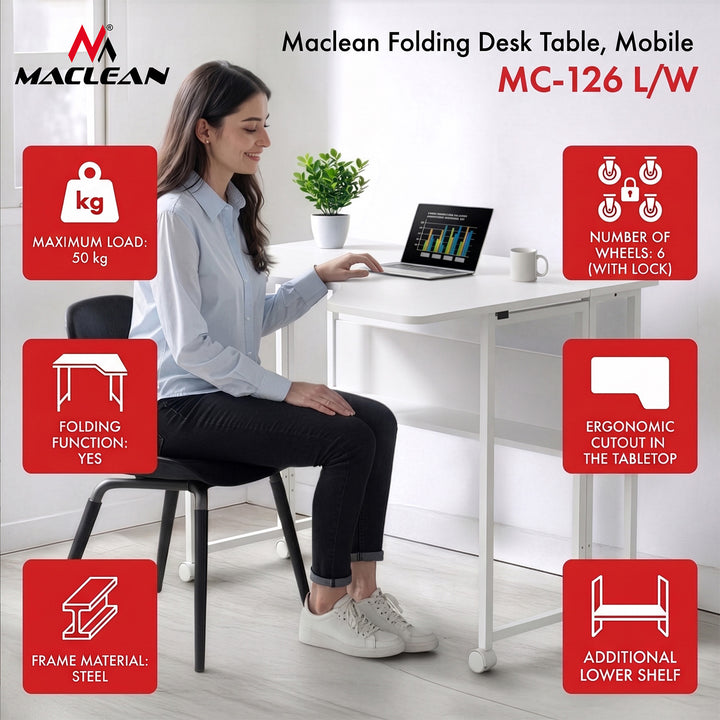 Bureau pliant / table Maclean, blanc, mobile, 100 x 73 cm, charge max. 50 kg, en angle, forme en L, MC-126 L/W