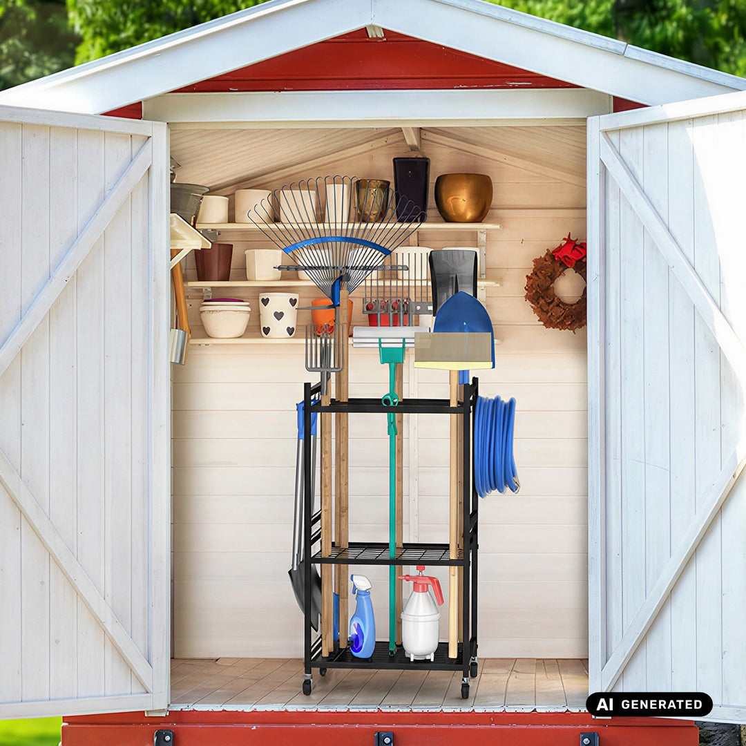 Support / chariot mobile pour outils de jardin Maclean, noir, dimensions 43 x 30 x 79 cm, charge max. 20 kg, MC-138
