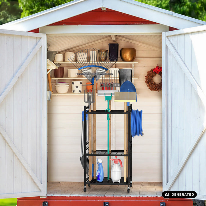 Support / chariot mobile pour outils de jardin Maclean, noir, dimensions 43 x 30 x 79 cm, charge max. 20 kg, MC-138