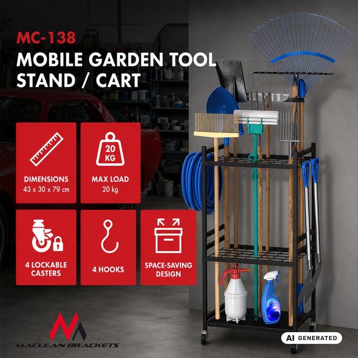 Support / chariot mobile pour outils de jardin Maclean, noir, dimensions 43 x 30 x 79 cm, charge max. 20 kg, MC-138