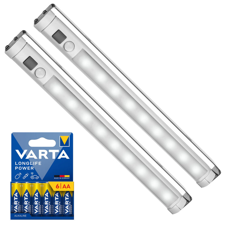 2 lampes LED Maclean pour cuisine, à fixer sous les placards, 9 LED SMD, à piles, capteur PIR marche/arrêt, MCE166 + 6 piles R-06 R06 AA LR06 1,5 V VARTA Longlife Power