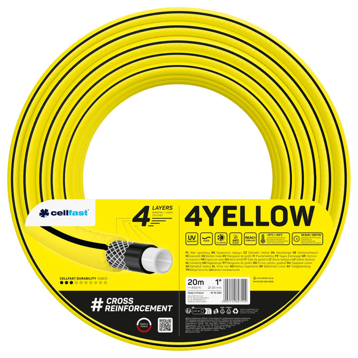 Tuyau d'arrosage Cellfast, 4 couches, résistant aux UV, diamètre 1", longueur 20 m, 4YELLOW