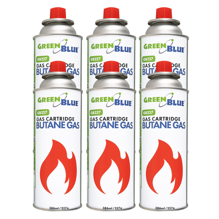 6 cartouches de gaz GreenBlue de 227 g. Certificat : Pi 0875, conforme à la norme EN 417, butane, plage de fonctionnement : -10 °C à +40 °C, GB227