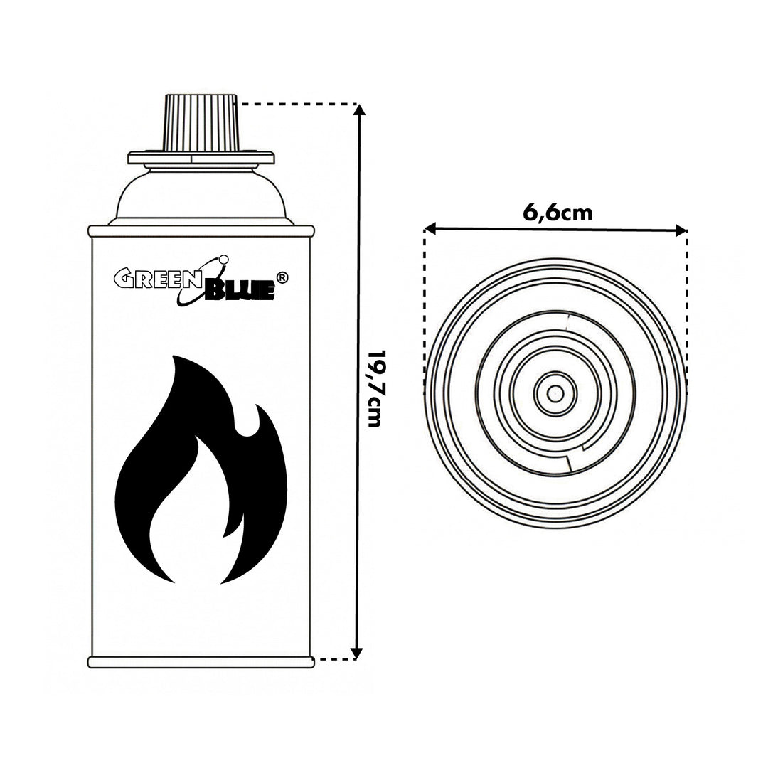 10 cartouches de gaz GreenBlue de 227 g. Certificat : Pi 0875, conforme à la norme EN 417, butane, plage de fonctionnement : -10 °C à +40 °C, GB227