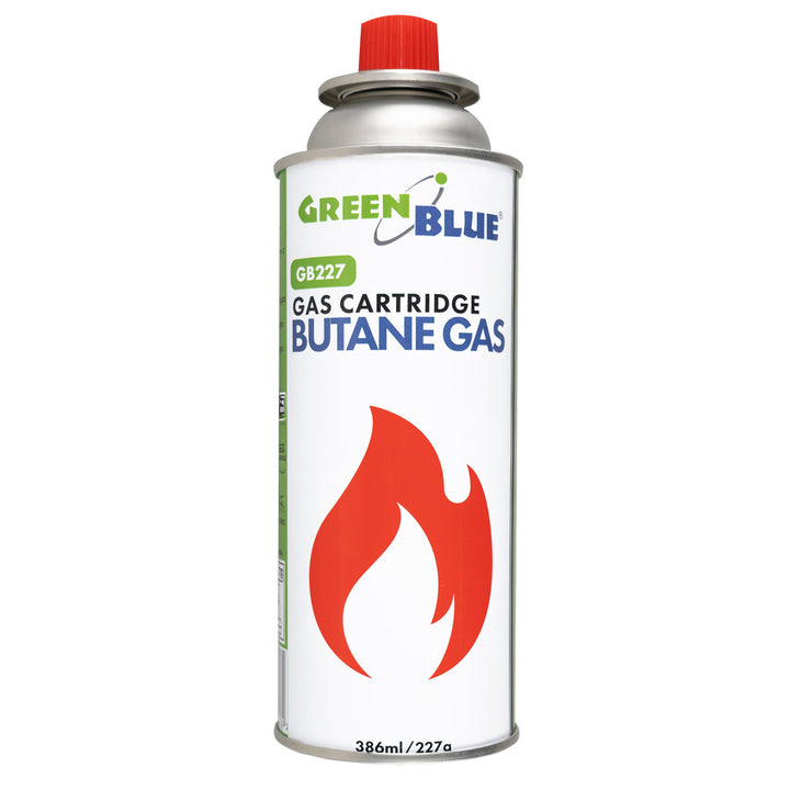 18 cartouches de gaz GreenBlue de 227 g. Certification : Pi 0875, conforme à la norme EN 417, butane, plage de fonctionnement : -10 °C à +40 °C, GB227